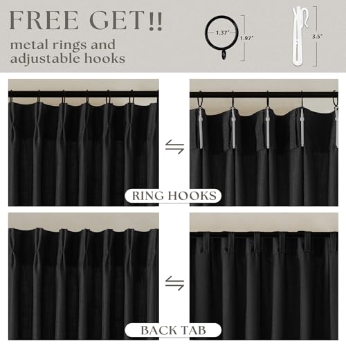 Black Pinch Pleated Linen Semi Sheer 80 Inch Curtains 2 Panels (Black / 40"W x 80"L (Pack of 2))