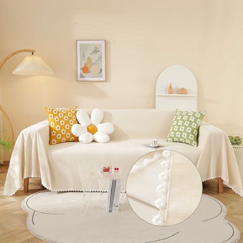 Beige Couch Covers for 3 Cushion Couch Sofa Cute Sofa Covers with White Daisy Lace Pet Couch Protector Thick Chenille Couch Cover for Dogs Sectional Sofa L Shape Futon (71" x 134" / Daisy:beige)