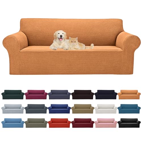 2026 New Stretch Sofa Slipcovers Couch Cover for 3 Cushion Furniture Protector Sofa Covers with Elastic Bottom Jacquard Fabric Small Checks for Pets (Golden / Sofa)
