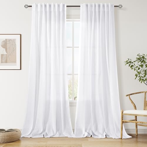 Snow White Linen Curtains 90 Inches Long for Living Room Light Filtering Semi Sheer Curtain Back Tab Luxury Neutral Coastal Modern Farmhouse Decor Drapes for Bedroom Dinner Room 52x90 (52"W x 90"L (Pack of 2) / Snow White)