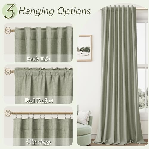 Sage Green 100% Blackout Linen Curtains 92 Inch Length 2 Panels Set for Living Room Bedroom Back Tab Thermal Insulated Black Out Drapes Room Darkening Farmhosue Window Curtains 92 Inches Long (Sage Green / 52"W x 92"L (Pack of 2))