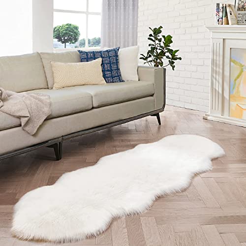 White Faux Sheepskin Shag Fur Runner Rugs for Living Room Bedroom Fluffy Washable Furry Area Rug 2x6 Nursery Rug Teen Room Décor (2' x 6' (Sheepskin Fur) / White)
