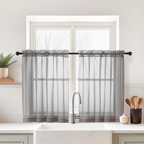 Grey Small Sheer Curtains 2 Panels (42"W x 36"L (Pack of 2) / Charcoal Grey)
