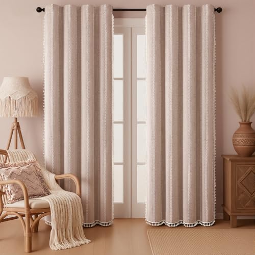 Blush Beige Boho Blackout Curtains 84 Inch 2 Panels with Tassels (Blush Beige / 52"W x 84"L (Pack of 2))