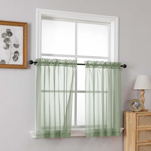 Sage Green Small Sheer Curtains Tier 24 Inches Length 2 Pieces (42"W x 24"L (Pack of 2) / Sage Green)