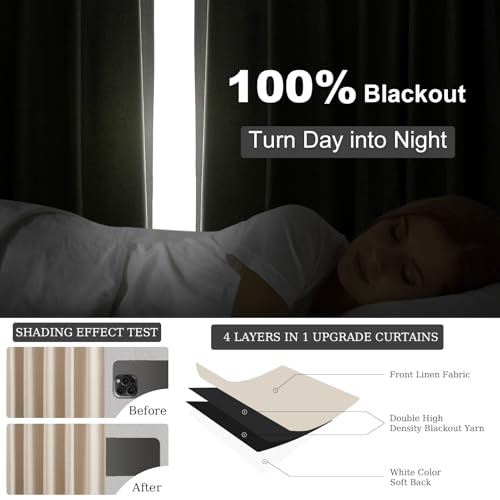 100 Inch Custom Linen Blackout Curtains (Beige / 52"W x 100"L (Pack of 2))