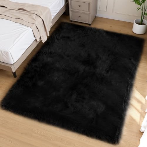 Black Faux Sheepskin Fur Rug 5x8 for Bedroom and Living Room (5' x 7'9" (Rectangular) / Black)