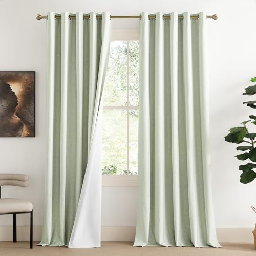100% Blackout Linen Curtains with Thermal Insulated White Liner (62"W x 108"L (Pack of 2) / Sage Green)