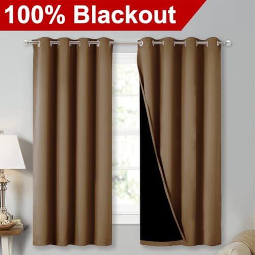100% Blackout Lined Curtains (Gold Brown / 52"W x 63"L (Pack of 2))