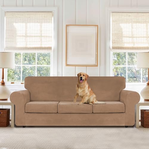 4 Pieces Couch Cover for Sofa Velvet Sofa Covers Washable (Large / Camel)