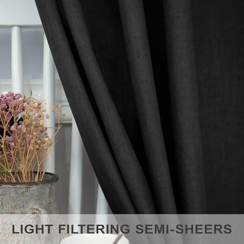 Black Linen Curtains 84 Inch Length for Living Room 2 Panel Back Tab Pocket Muslin Light Filtering Semi Privacy Thick Sheer Floor Length Curtain for Mens Bedroom Man Cave Modern Farmhouse Gothic Decor (52"W x 84"L (Pack of 2) / Black)