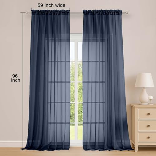 Extra Long Navy Blue Sheer Curtains 96 Inches Long 2 Panels Set (Navy Blue / 59"W x 96"L (Pack of 2))
