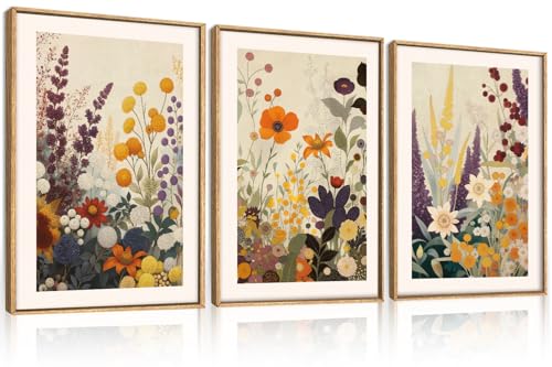 Large Retro Boho Vibrant Floral Framed Canvas Wall Art Set (Colorful Floral Wall Art / 24"L x 36"W)