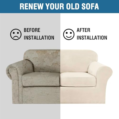 3 Piece Stretch Sofa Covers Couch Covers for 2 Cushion Couch Loveseat Covers Width Up to 72 Inch Feature Thick Soft Stay in Place (2 Cushion Loveseat / Cream)