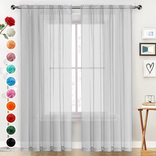 Basic Rod Pocket Sheer Voile Window Curtain Panels Silver Grey 1 Pair 2 Panels 52 Width 45 Inch Long for Kitchen Bedroom Children Living Room Yard（Silver Grey (Silver Grey / 52"W x 45"L (Pack of 2))