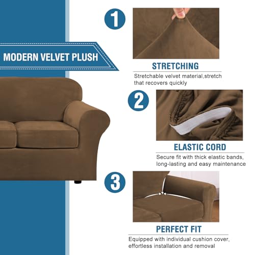 Real Velvet Plush 3 Piece Stretch Sofa Covers Couch Covers for 2 Cushion Couch Sofa Slipcovers Width Up to 90 Inch Feature Thick Soft Stay in Place (2 Cushion Sofa / Bronze Brown)