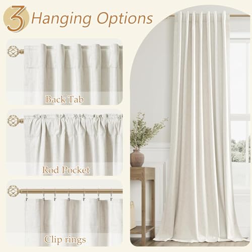 100% Blackout Linen Curtains 96 Inch Long for Bedroom 1 Panel Cream