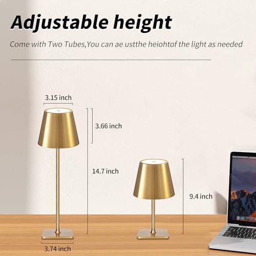 Outdoor Waterproof Cordless Set of 2 Rechargeable Portable Top Touch Battery Operated Powered LED Table Lamp Desk Lamp Lights for Restaurant Kitchen Patio Dinner Dining ((2 Pack)Gold+Wicker Lampshade)