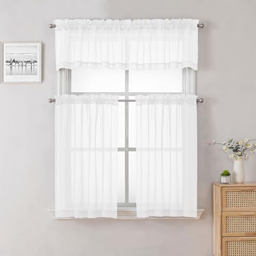 36 Inch White Sheer Curtains Tiers 2 PCS with Dual Rod Pockets (White / 40"W x 36"L (Pack of 2))