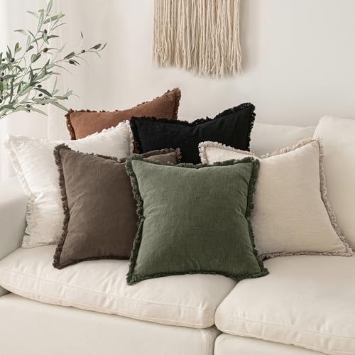 Linen Fringe Decorative Fall Pillow Covers Chocolate Brown 18x18 (18" x 18" (Pack of 2) / Chocolate Brown)