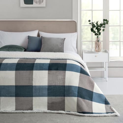 Sherpa Fleece Throw Blanket 60" x 80" Reversible Plush Fluffy Large Big Blanket Lattice Flannel Blankets for Sofa Couch Bed (Grey-blue / 60"*80")