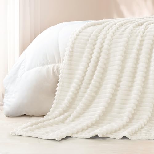 Striped Twin Size Fleece Blanket for Bed (Ivory / Twin ( 60x80 IN ))