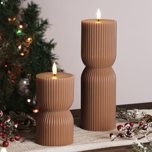 Brown Ribbed Fall Flameless Pillar Candles with Remote Set of 2 (Brown)