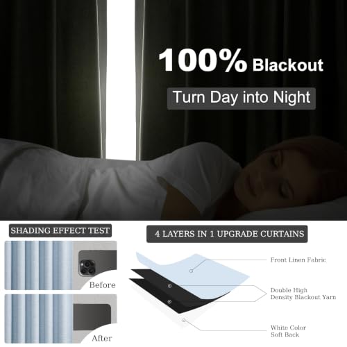 Light Blue Linen Curtains 84 Inches Long for Living Room Bedroom 100% Full Blackout Sky Baby Blue Window Curtains Energy Efficient Modern Drapes Back Tab with Hooks Rings 2 Panels Set (Chambray Blue / 52"W x 84"L (Pack of 2))