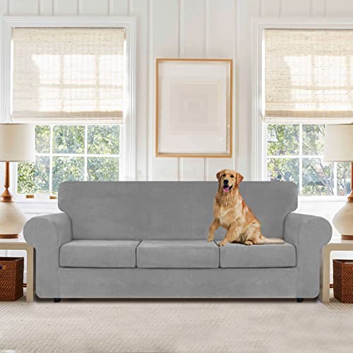 4 Piece Couch Cover for Sofa Velvet Sofa Cover Washable (Large / Silver Grey)