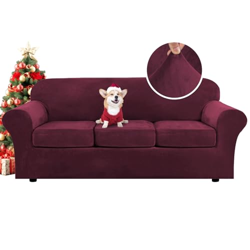 Modern Velvet Plush 4 Piece High Stretch Sofa Slipcover Sofa Cover Furniture Protector Form Fit Luxury Thick Velvet Sofa Cover for 3 Cushion Couch Width Up to 90 Inch (3 Cushion Sofa / Wine/Burgundy)