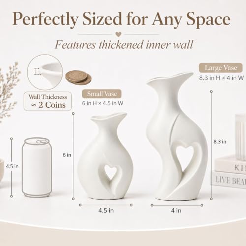 Heart Shaped Ceramic Vases Wabi Sabi Boho Flower Vase Set (White)