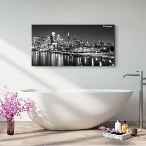 Philadelphia Skyline Wall Art Black and White City Canvas Pictures Bedroom Decor Pennsylvania Cityscape Prints Philly City Night View Paintings Poster Modern Aesthetic Artwork for Home Decoration 24x48" (48"L x 24"W / Philly)