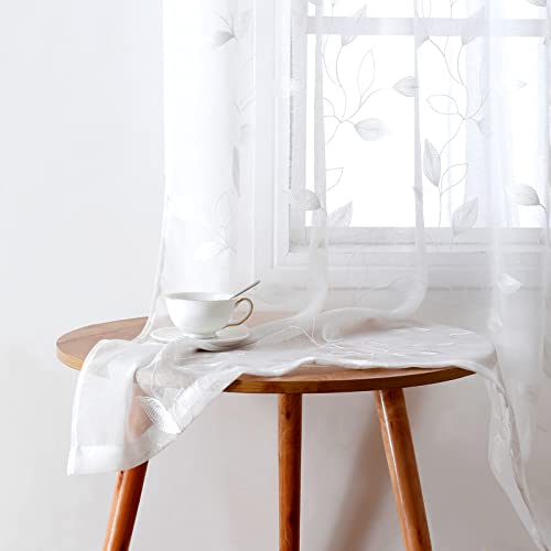 White Sheer Curtains Leaf Embroidered (52"W x 84"L (Pack of 2) / 4-white)