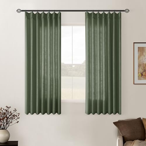 Olive Green Pinch Pleat Linen Semi Sheer Curtains 45 Inch Length 2 Panels (Olive Green / 40"W x 45"L (Pack of 2))