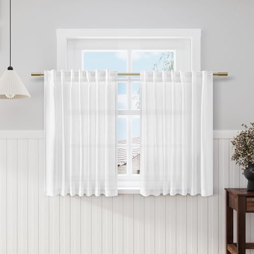 White Kitchen Curtains 36 Inch Length Set 2 Panel Back Tab Pocket Semi Sheer Light Filtering Short Drapes Linen Farmhouse Curtain Tiers for Cafe Bathroom Basement Small Window 52x36 (52"W x 36"L (Pack of 2) / White)
