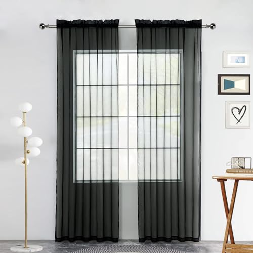 Solid Sheer Rod Pocket Curtain Voile Draperies 2 Panels White Beige Black Grey Coffee 52 Inch Width 45 Inch Long 1 Pair for Kitchen Bedroom Children Living Room Yard (Black / 52"W x 45"L (Pack of 2))
