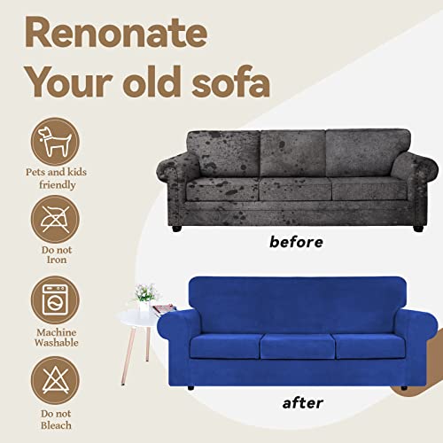 4 Pieces Couch Cover for Sofa Velvet Sofa Cover Washable (Large / Royal Blue)