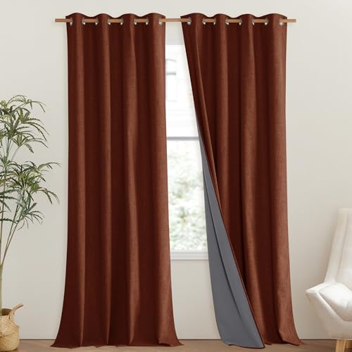 100% Absolutely Blackout Linen Curtains with Thermal Insulated Liner (52"W x 102"L (Pack of 2) / Burnt Orange)
