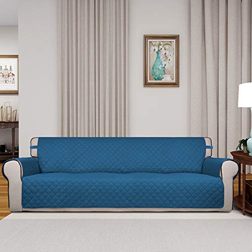Reversible Quilted Couch Covers for Dogs Sofa Cover 4 Seater 88" (XX-Large / Peacock Blue/Beige)