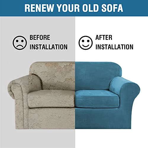 Real Velvet Plush 3 Piece Stretch Sofa Covers Couch Covers for 2 Cushion Couch Sofa Slipcovers Width Up to 90 Inch Feature Thick Soft Stay in Place (2 Cushion Sofa / Peacock Blue)