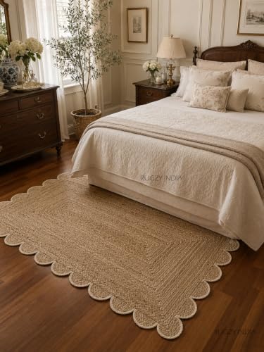Scalloped Natural Jute Area Rug 3x5 Ft (3'x5' / Off-white)