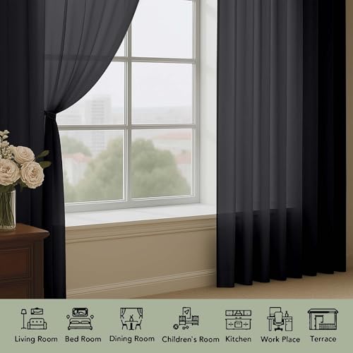 Black Sheer Curtains 108 Inch Long 2 Panels for Living Room 59" W (Black / 59"W x 108"L (Pack of 2))