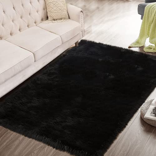 Black Faux Sheepskin Washable Fluffy Fur Rugs for Bedroom Fuzzy Nursery Rug 3x5 Rectangle Rug Cute Room Home Décor (3' x 5' (Rectangular) / Black)