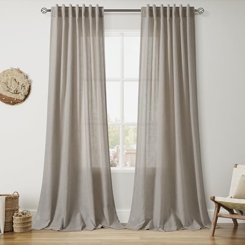 108 Inch Long Curtains for Living Room Grey Beige Linen Simple Modern Light Filtering Semi Sheer Curtain Back Tab Boho Neutral Gray Floor to Ceiling High Window for Bedroom 52x108 (52"W x 108"L (Pack of 2) / Grey Beige)