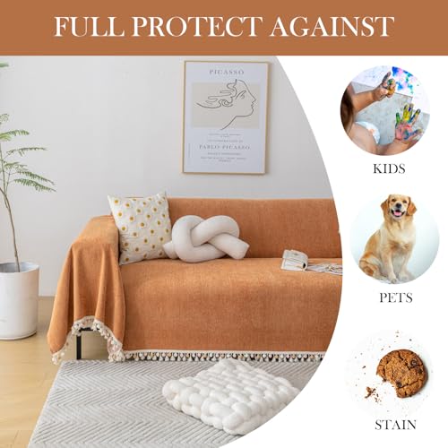 Dark Orange Sofa Covers Couch Cover for Dogs Colorful Tassel Lovetseat Cover Pet Couch Cover Bohemian Sofa Cover for Couch Vintage Boho Couch Covers Futon Cover Pet (91" x 150" / Tassel Ball: Orange)
