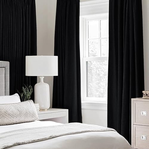 100% Blackout Linen Curtains for Bedroom 52x84 Inches Black (Black / 52"W x 84"L (Pack of 2))