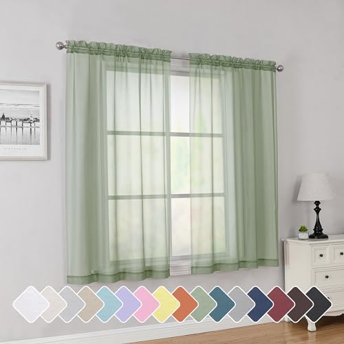 Rod Pocket Top Solid Voile Sheer Curtains for Bedroom (Sage Green / 42"W x 54"L (Pack of 2))