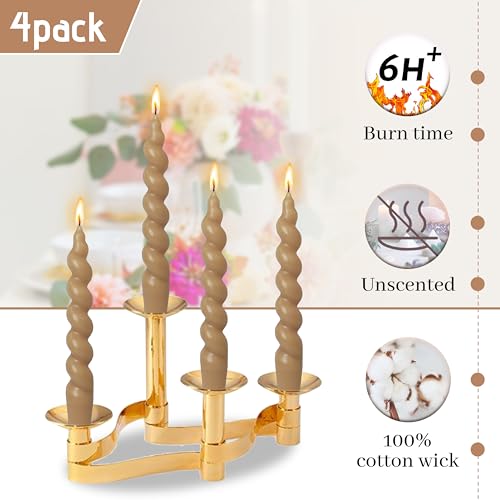 Tan Beige Spiral Taper Candles 7.5 Inch Short Candlesticks Smokeless Twisted Candles Unscented Candle Sticks Handmade 4 PCS for Romantic Gifts Christmas Dinner Decor (Brown-4P / 7.5 INCH)