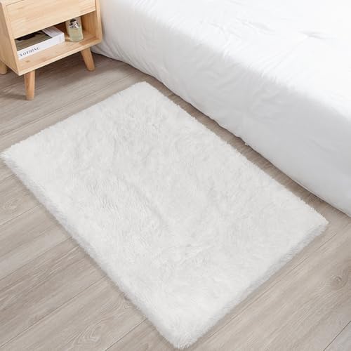 Small Area Rug for Bedroom 2x3ft Mini White Fluffy Rug Mat Bedside Throw Rug for Kids Room Boys Teens Nursery Baby Dorm Living Room Home Decor Aesthetic Carpets (White / 2' x 3' (Rectangular))