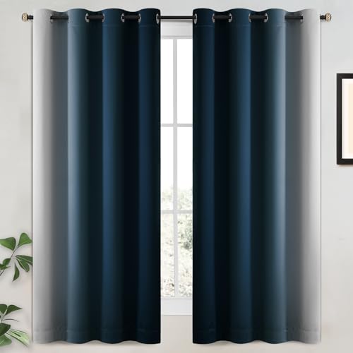 100% Blackout Curtains Ombre Navy Blue Curtains for Bedroom 63 Inch (52"W x 63"L (Pack of 2) / Navy Blue 2 Layers)